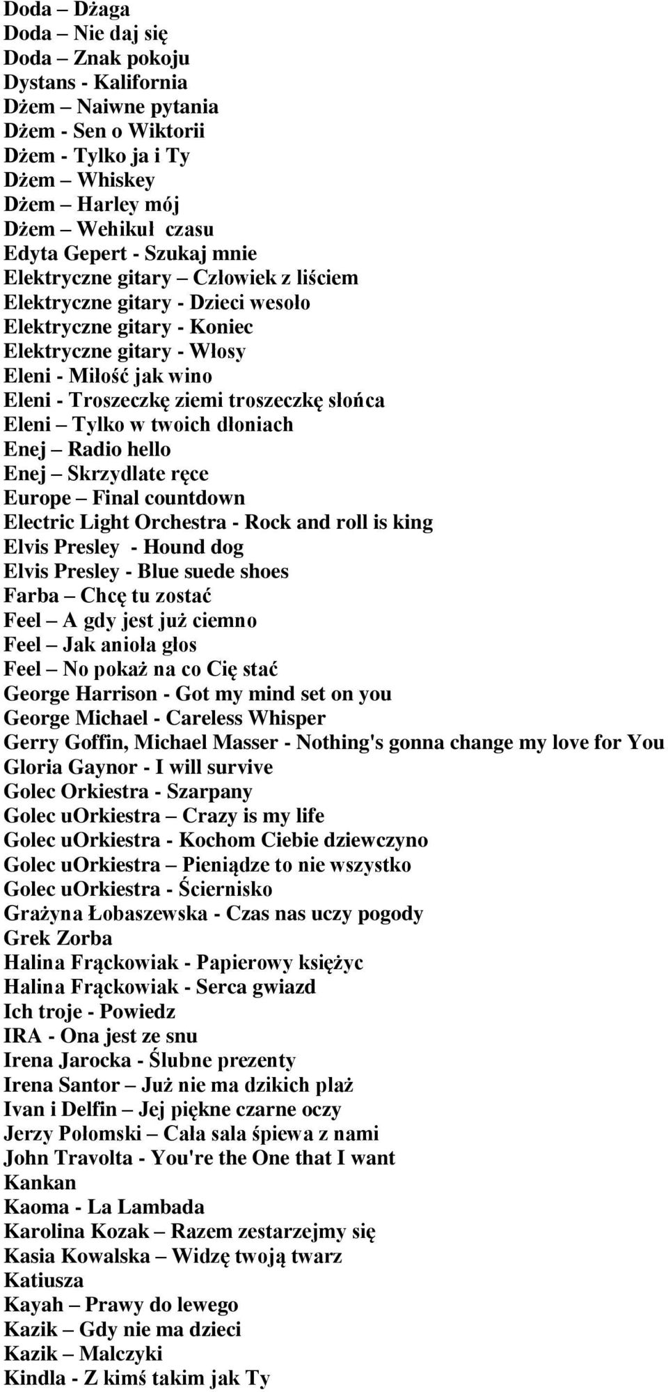Eleni Tylko w twoich dłoniach Enej Radio hello Enej Skrzydlate ręce Europe Final countdown Electric Light Orchestra - Rock and roll is king Elvis Presley - Hound dog Elvis Presley - Blue suede shoes