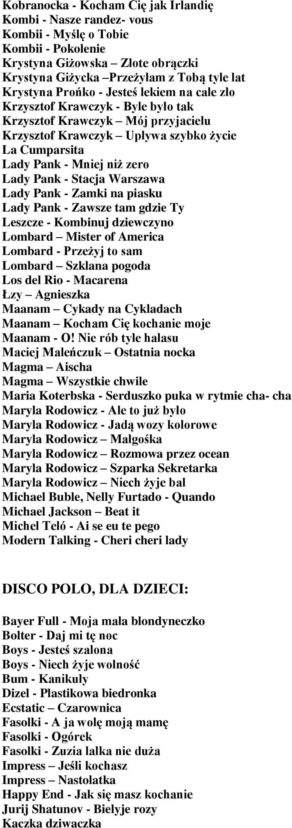 Warszawa Lady Pank - Zamki na piasku Lady Pank - Zawsze tam gdzie Ty Leszcze - Kombinuj dziewczyno Lombard Mister of America Lombard - Przeżyj to sam Lombard Szklana pogoda Los del Rio - Macarena Łzy