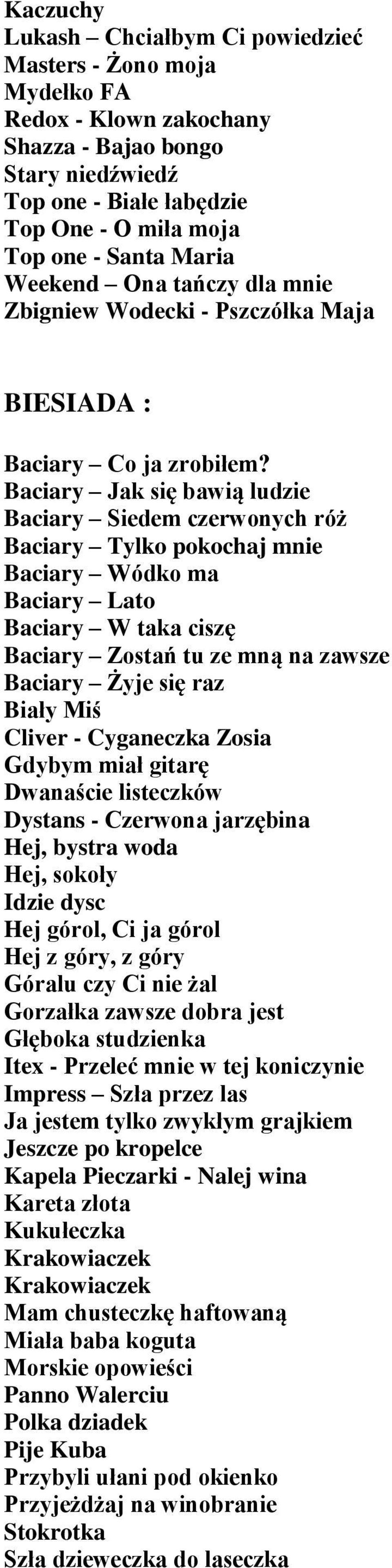 Baciary Jak się bawią ludzie Baciary Siedem czerwonych róż Baciary Tylko pokochaj mnie Baciary Wódko ma Baciary Lato Baciary W taka ciszę Baciary Zostań tu ze mną na zawsze Baciary Żyje się raz Biały