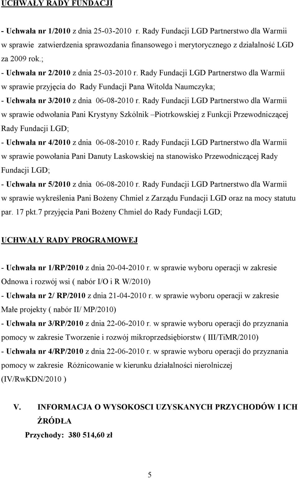 Rady Fundacji LGD Partnerstwo dla Warmii w sprawie odwołania Pani Krystyny Szkólnik Piotrkowskiej z Funkcji Przewodniczącej Rady Fundacji LGD; - Uchwała nr 4/2010 z dnia 06-08-2010 r.