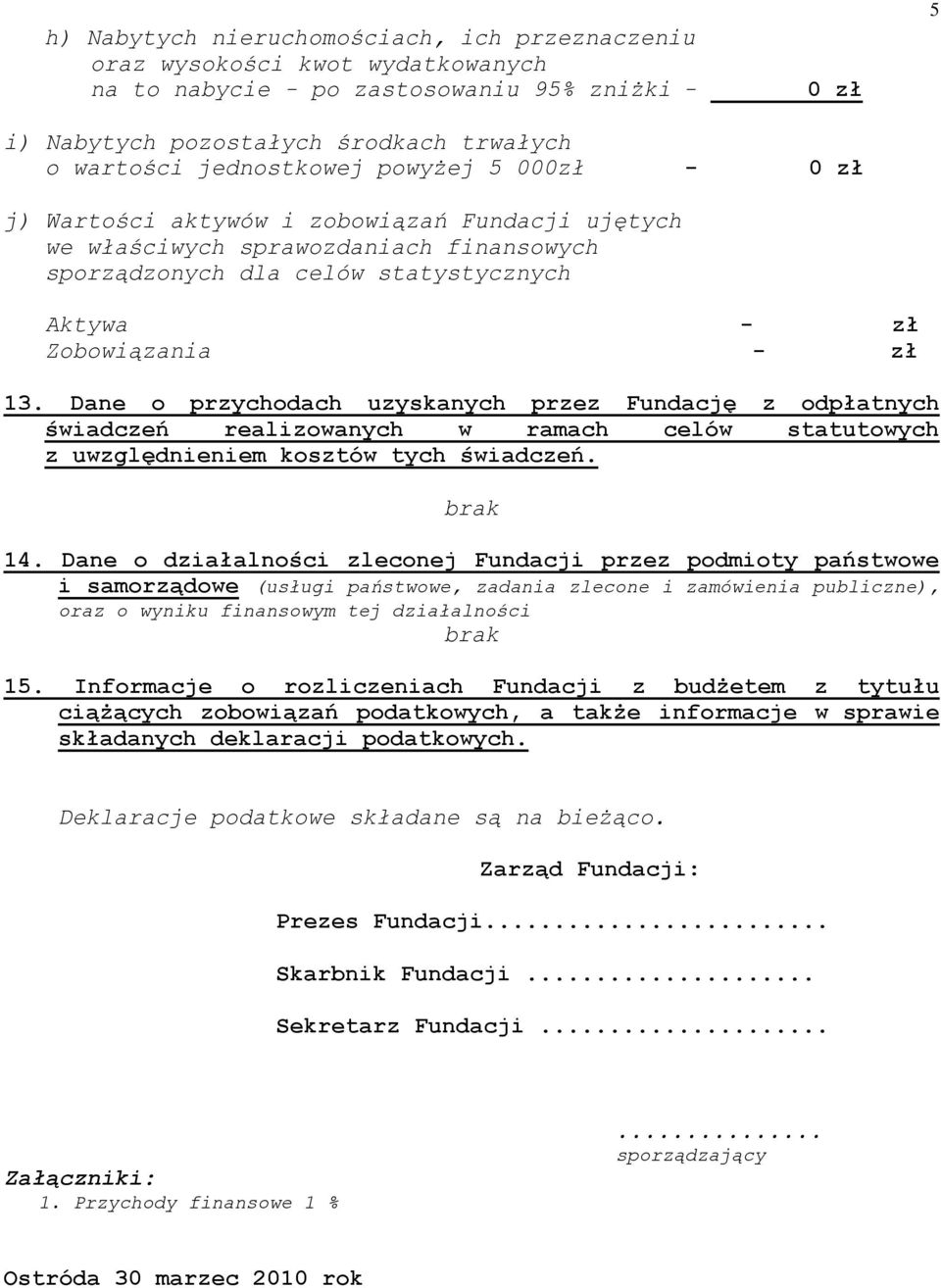 Dane o przychodach uzyskanych przez Fundację z odpłatnych świadczeń realizowanych w ramach celów statutowych z uwzględnieniem kosztów tych świadczeń. brak 14.