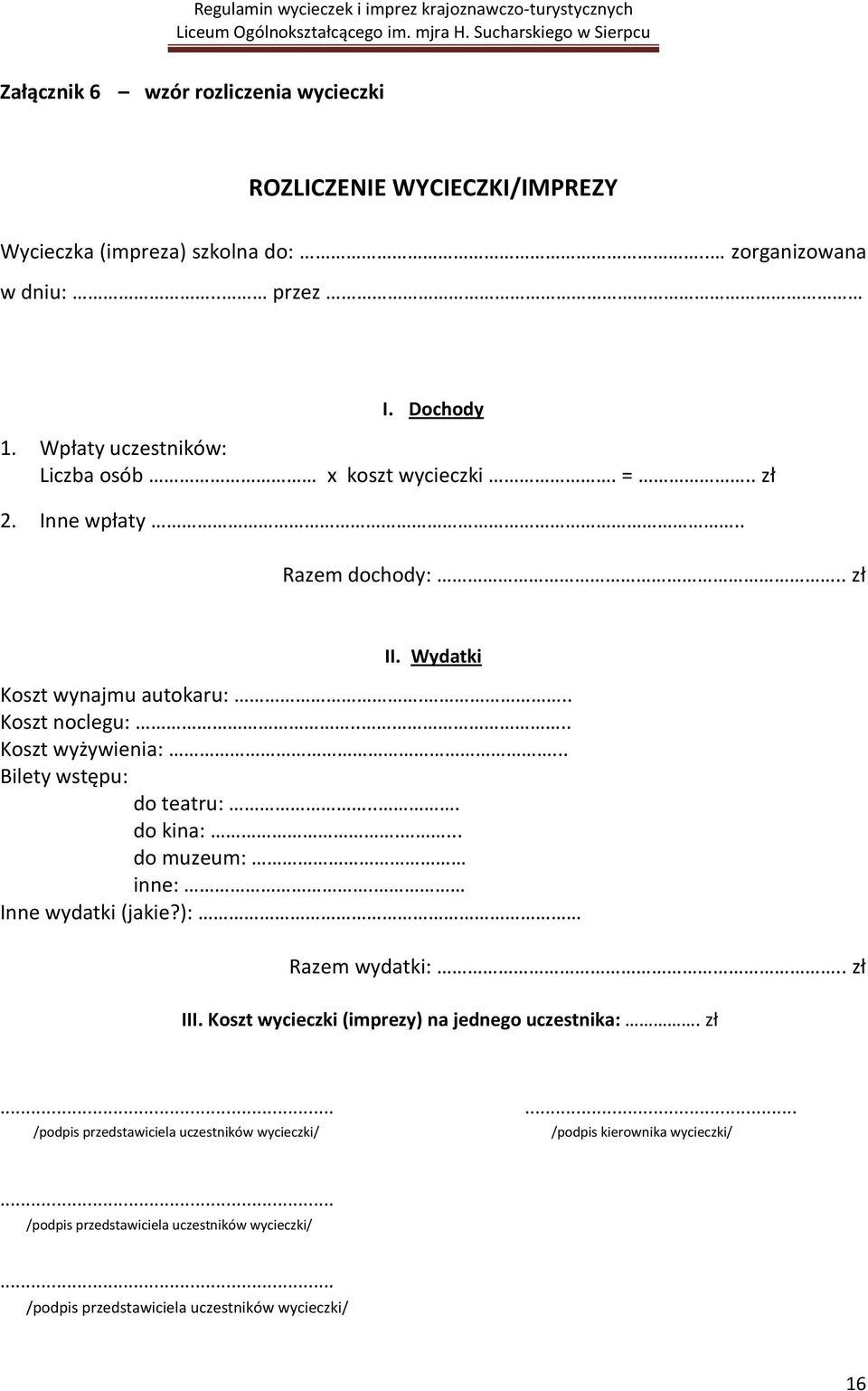 ... Koszt wyżywienia:... Bilety wstępu: do teatru:... do kina:.... do muzeum: inne:. Inne wydatki (jakie?): Razem wydatki:.. zł III.
