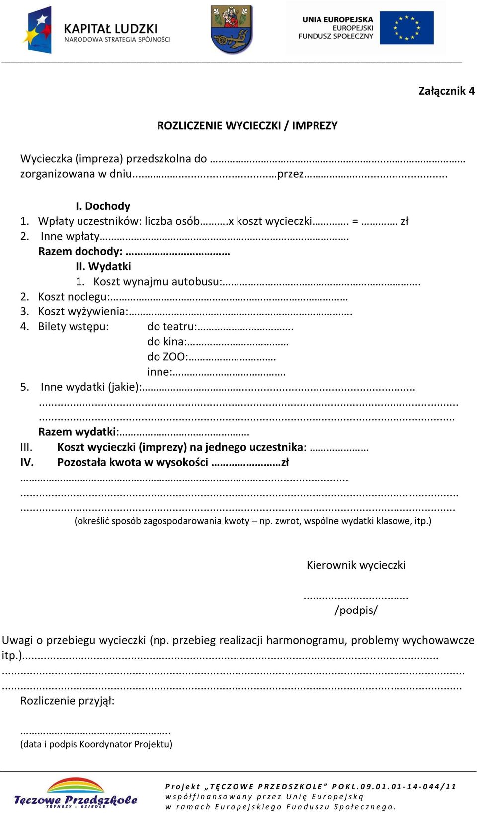 ........ Razem wydatki:. III. Koszt wycieczki (imprezy) na jednego uczestnika: IV. Pozostała kwota w wysokości zł......... (określić sposób zagospodarowania kwoty np.