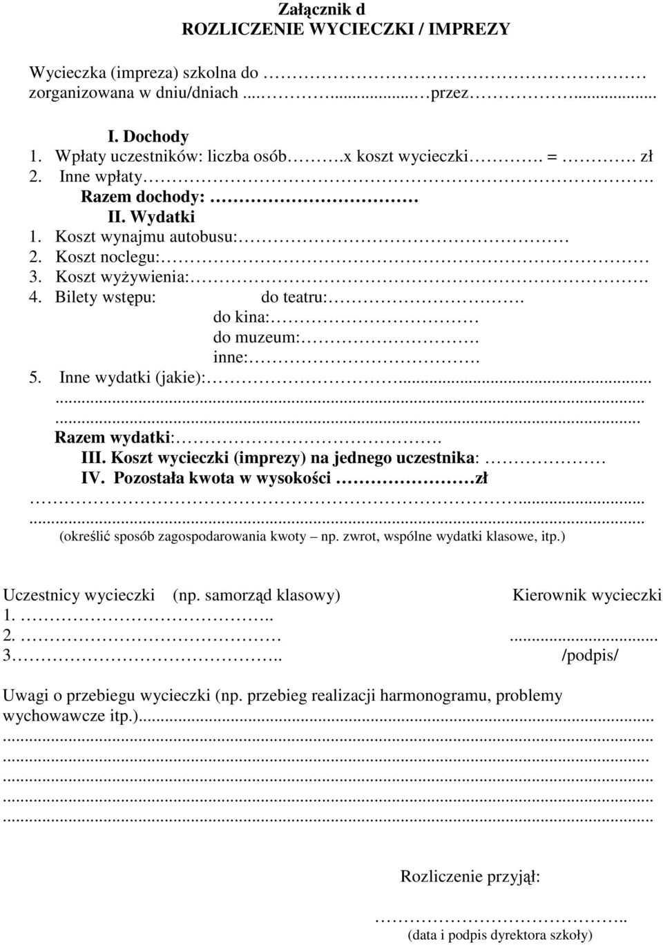 ........ Razem wydatki:. III. Koszt wycieczki (imprezy) na jednego uczestnika: IV. Pozostała kwota w wysokości zł...... (określić sposób zagospodarowania kwoty np. zwrot, wspólne wydatki klasowe, itp.