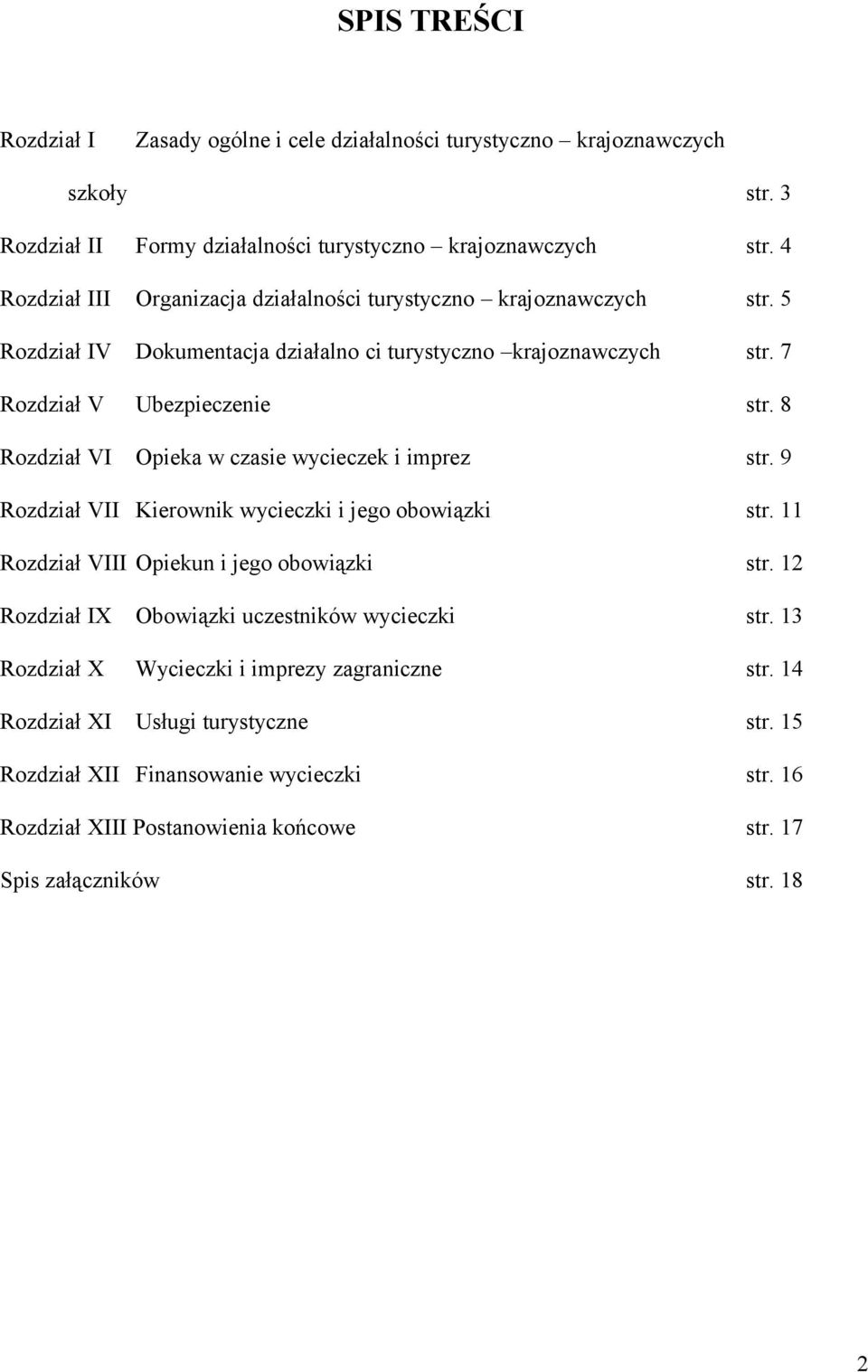 8 Rozdział VI Opieka w czasie wycieczek i imprez str. 9 Rozdział VII Kierownik wycieczki i jego obowiązki str. 11 Rozdział VIII Opiekun i jego obowiązki str.