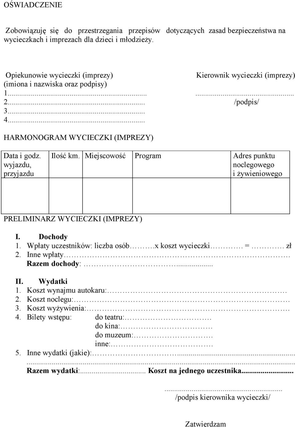 Miejscowość Program Adres punktu noclegowego i żywieniowego PRELIMINARZ WYCIECZKI (IMPREZY) I. Dochody 1. Wpłaty uczestników: liczba osób.x koszt wycieczki. =. zł 2. Inne wpłaty. Razem dochody:... II.