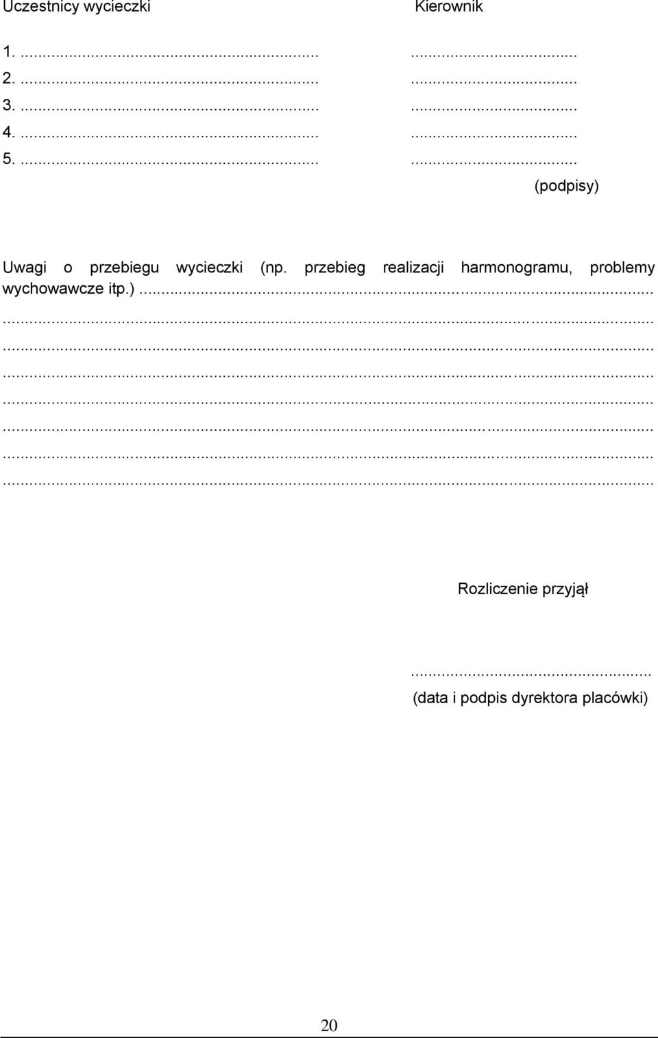 przebieg realizacji harmonogramu, problemy wychowawcze itp.).