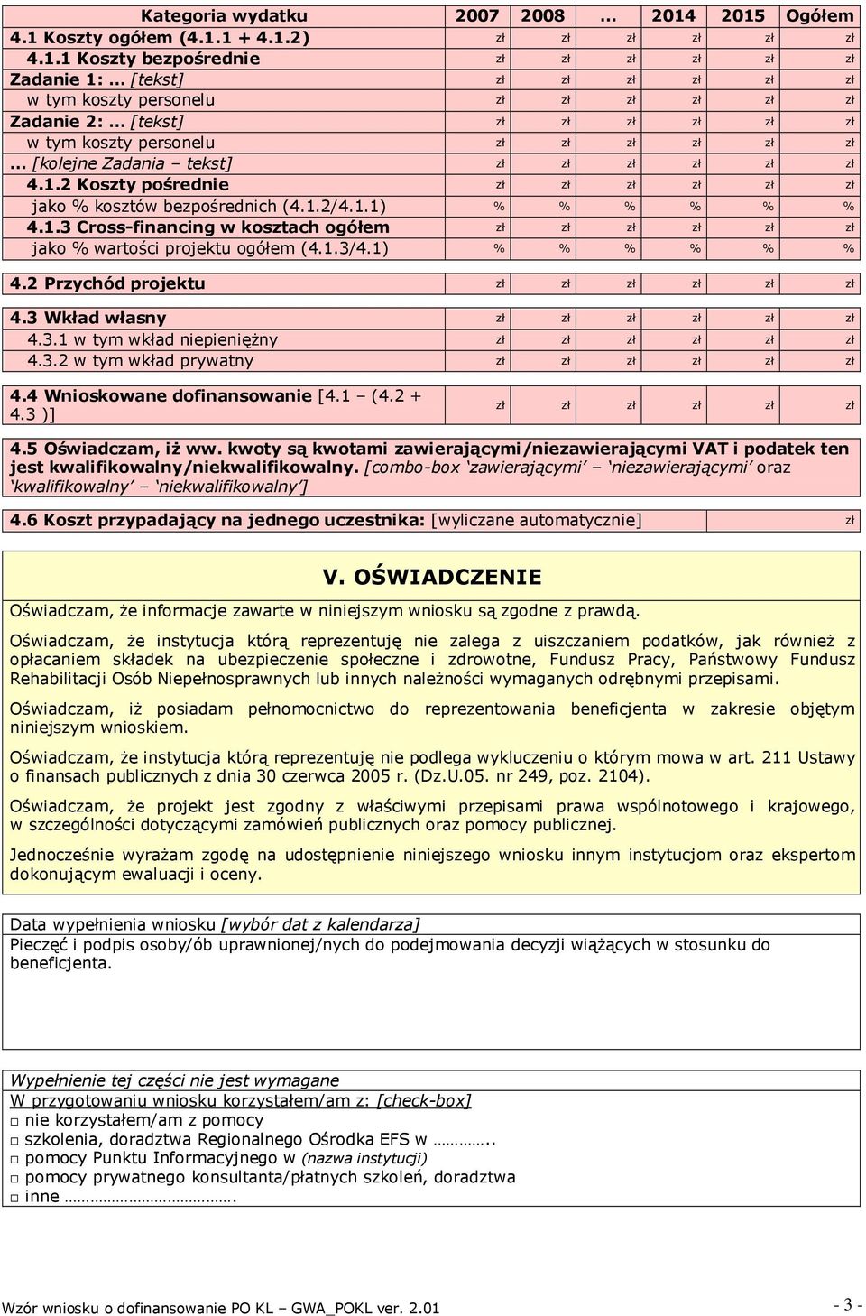 [tekst] zł zł zł zł zł zł w tym koszty personelu zł zł zł zł zł zł [kolejne Zadania tekst] zł zł zł zł zł zł 4.1.2 Koszty pośrednie zł zł zł zł zł zł jako % kosztów bezpośrednich (4.1.2/4.1.1) % % % % % % 4.