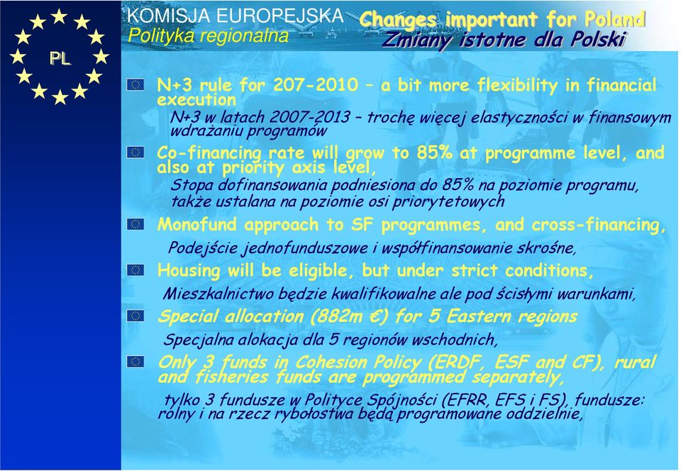 priorytetowych Monofund approach to SF programmes, and crossfinancing, Podejście jednofunduszowe i współfinansowanie skrośne, Housing will be eligible, but under strict conditions, Mieszkalnictwo