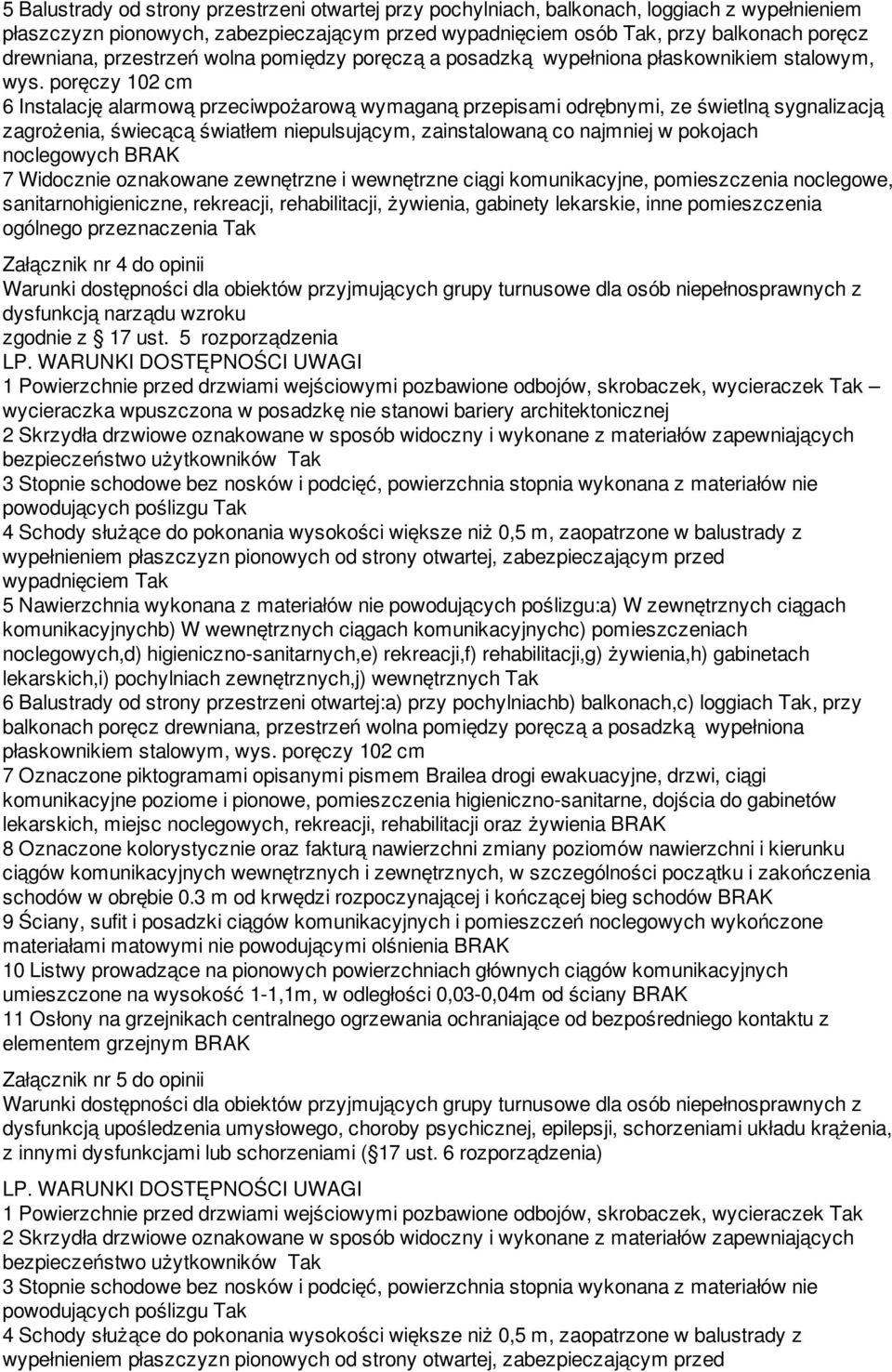 poręczy 102 cm 6 Instalację alarmową przeciwpożarową wymaganą przepisami odrębnymi, ze świetlną sygnalizacją zagrożenia, świecącą światłem niepulsującym, zainstalowaną co najmniej w pokojach
