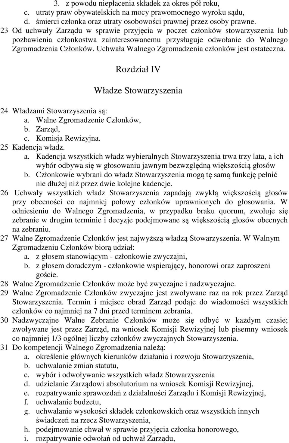 Uchwała Walnego Zgromadzenia członków jest ostateczna. Rozdział IV Władze Stowarzyszenia 24 Władzami Stowarzyszenia są: a. Walne Zgromadzenie Członków, b. Zarząd, c. Komisja Rewizyjna.