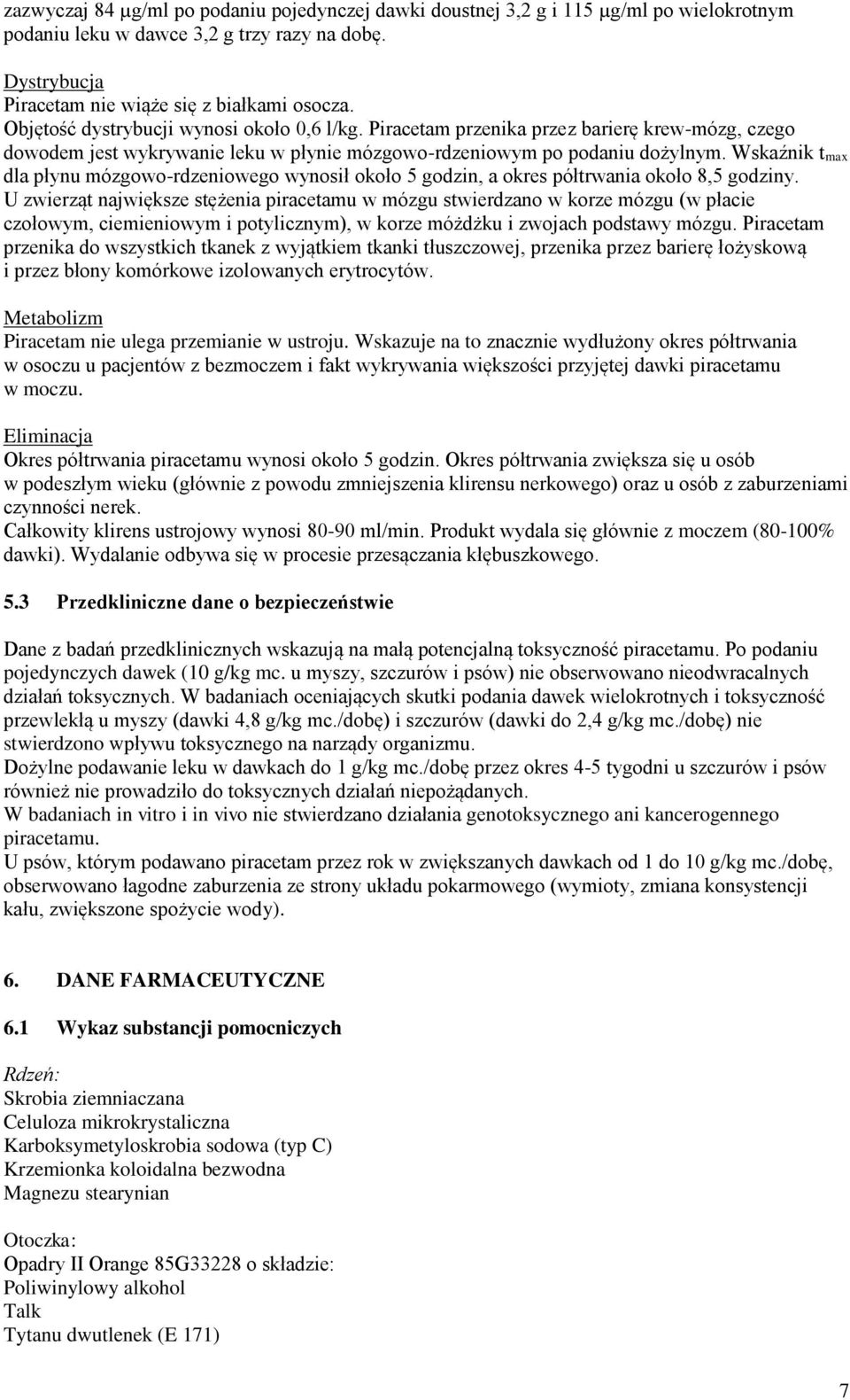 Wskaźnik t max dla płynu mózgowo-rdzeniowego wynosił około 5 godzin, a okres półtrwania około 8,5 godziny.
