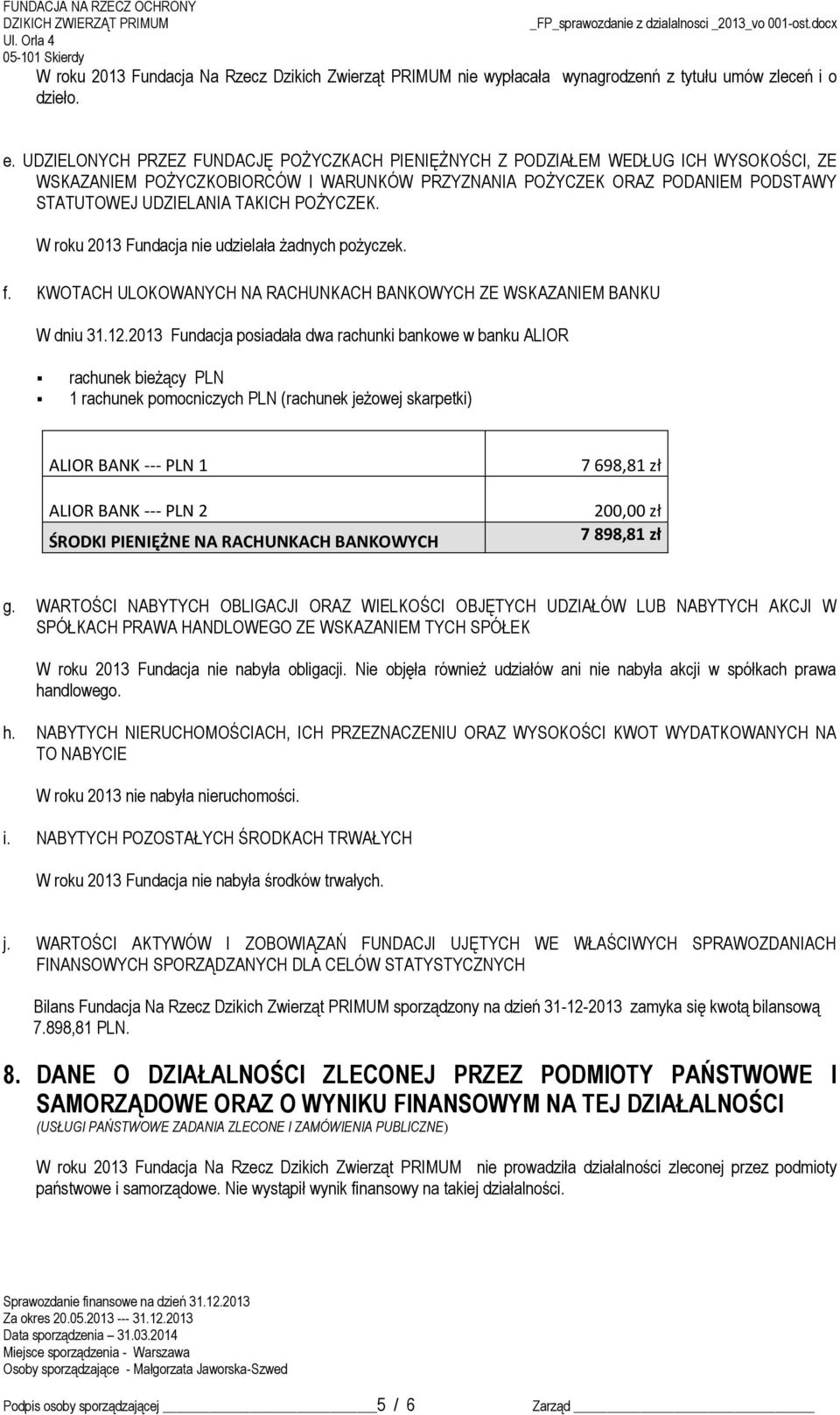 POŻYCZEK. W roku 2013 Fundacja nie udzielała żadnych pożyczek. f. KWOTACH ULOKOWANYCH NA RACHUNKACH BANKOWYCH ZE WSKAZANIEM BANKU W dniu 31.12.