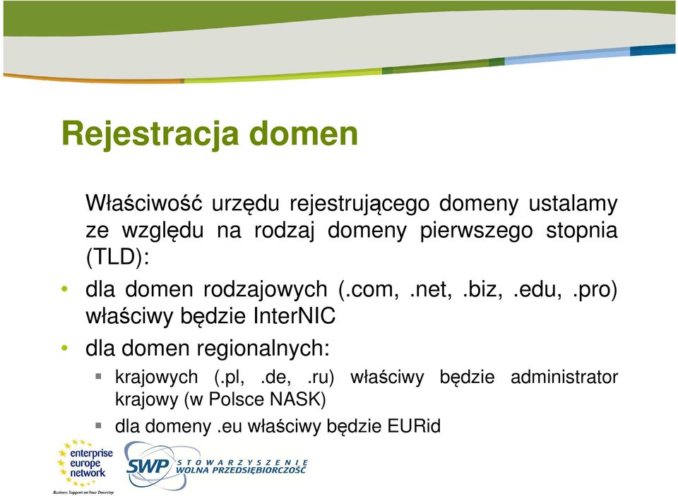 edu,.pro) właściwy będzie InterNIC dla domen regionalnych: krajowych (.pl,.de,.