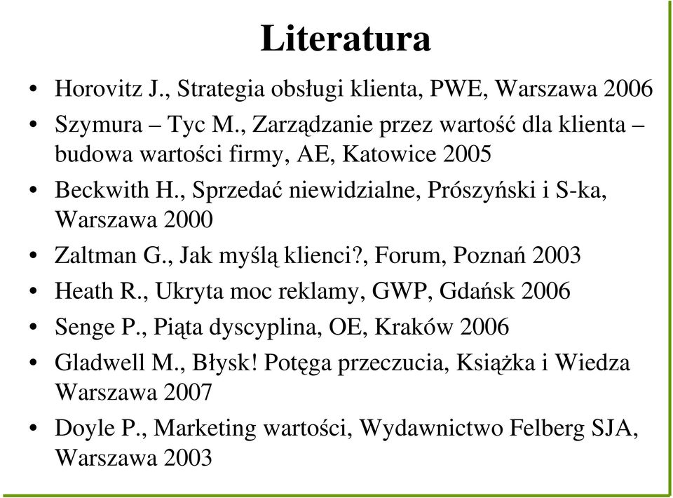 , Sprzedać niewidzialne, Prószyński i S-ka, Warszawa 2000 Zaltman G., Jak myślą klienci?, Forum, Poznań 2003 Heath R.