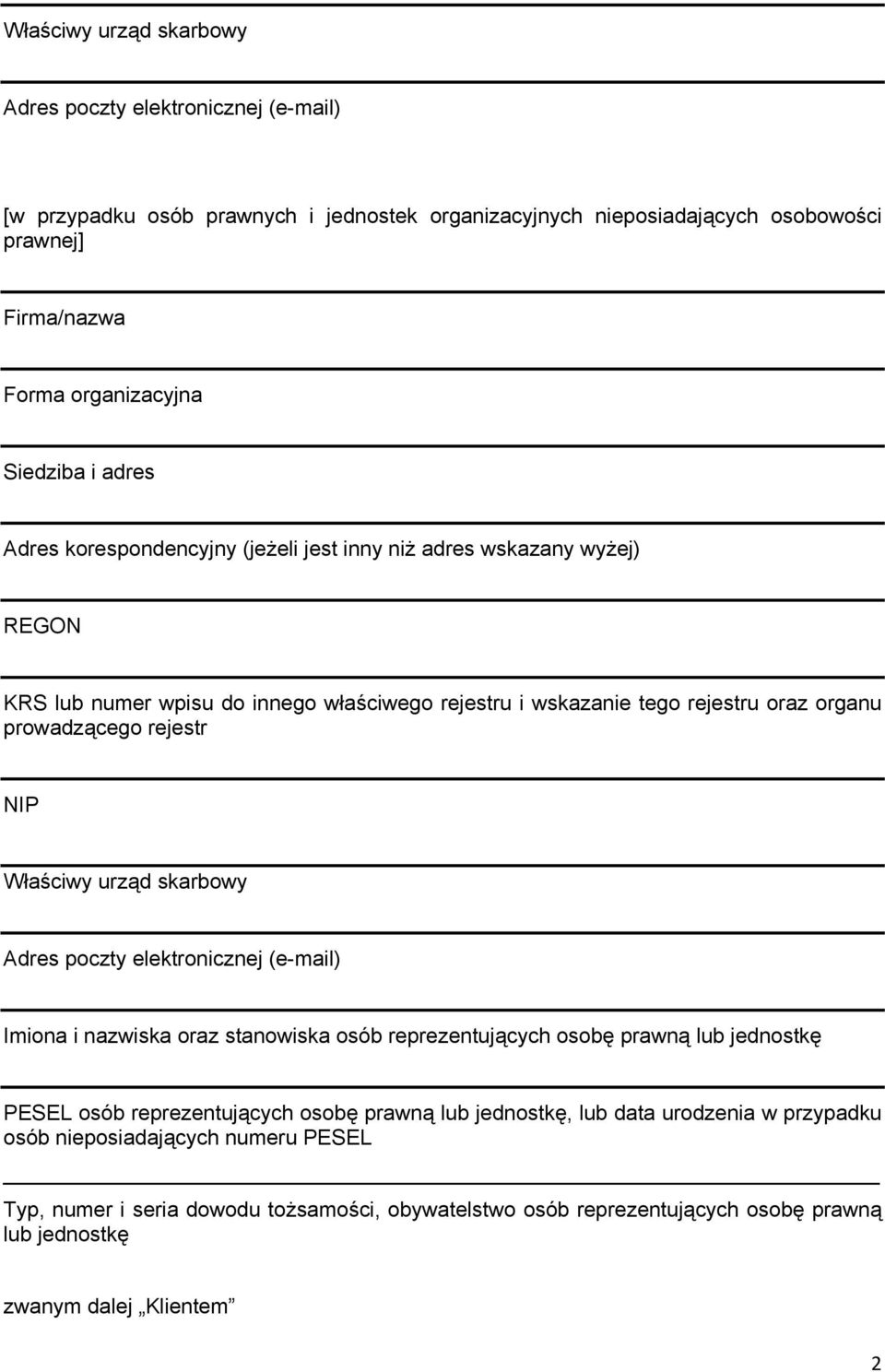 Właściwy urząd skarbowy Adres poczty elektronicznej (e-mail) Imiona i nazwiska oraz stanowiska osób reprezentujących osobę prawną lub jednostkę PESEL osób reprezentujących osobę prawną lub