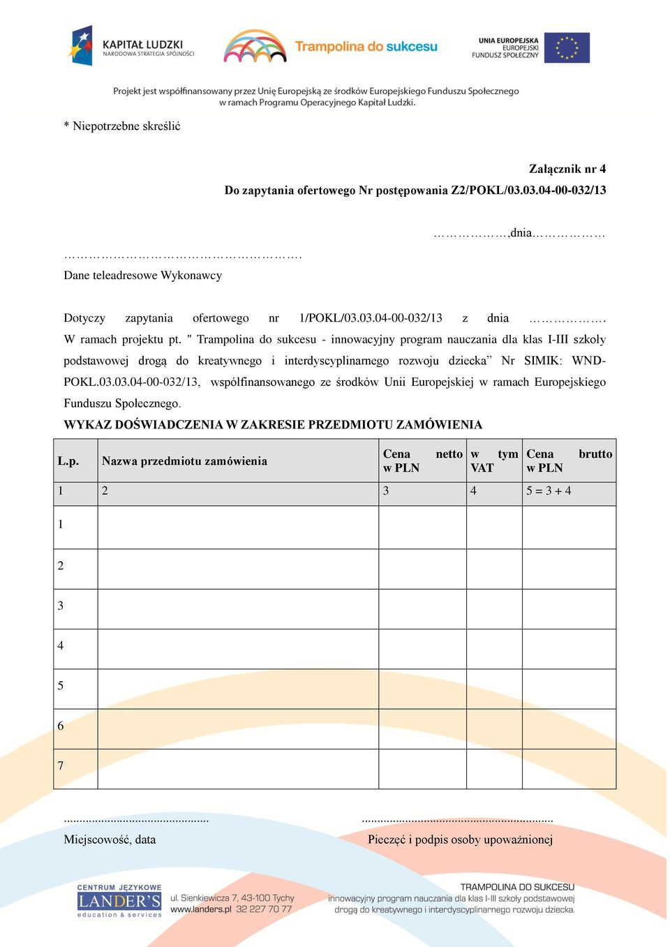 " Trampolina do sukcesu - innowacyjny program nauczania dla klas I-III szkoły podstawowej drogą do kreatywnego i interdyscyplinarnego rozwoju dziecka Nr SIMIK: WND- POKL.03.