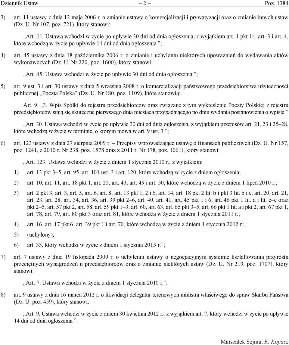 o zmianie i uchyleniu niektórych upoważnień do wydawania aktów wykonawczych (Dz. U. Nr 220, poz. 1600), który stanowi: Art. 45. Ustawa wchodzi w życie po upływie 30 dni od dnia ogłoszenia. ; 5) art.