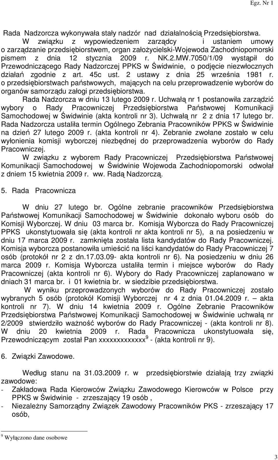 7050/1/09 wystąpił do Przewodniczącego Rady Nadzorczej PPKS w Świdwinie, o podjęcie niezwłocznych działań zgodnie z art. 45c ust. 2 ustawy z dnia 25 września 1981 r.