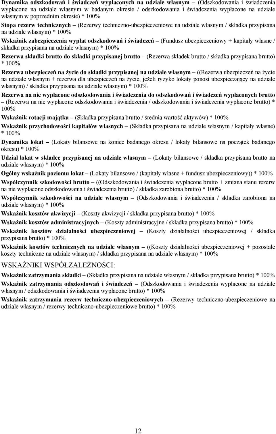 odszkodowań i świadczeń (Fundusz ubezpieczeniowy + kapitały własne / składka przypisana na udziale własnym) * 100% Rezerwa składki brutto do składki przypisanej brutto (Rezerwa składek brutto /