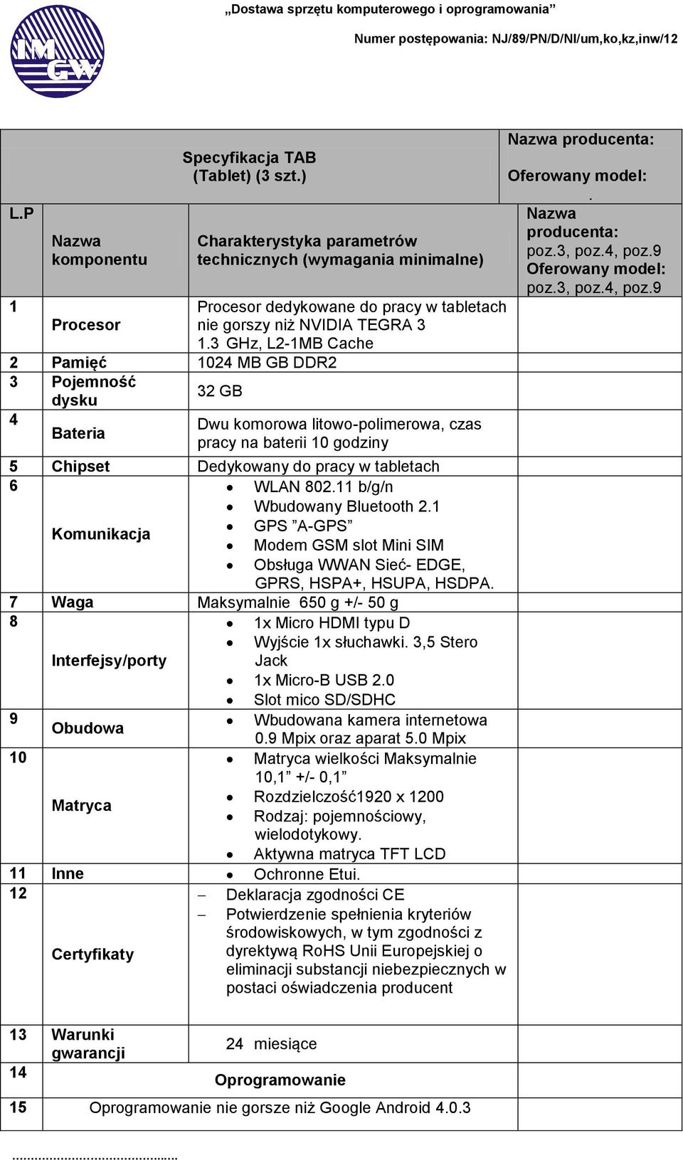 3 GHz, L2-1MB Cache Dwu komorowa litowo-polimerowa, czas pracy na baterii 10 godziny 5 Chipset Dedykowany do pracy w tabletach 6 WLAN 802.11 b/g/n Wbudowany Bluetooth 2.