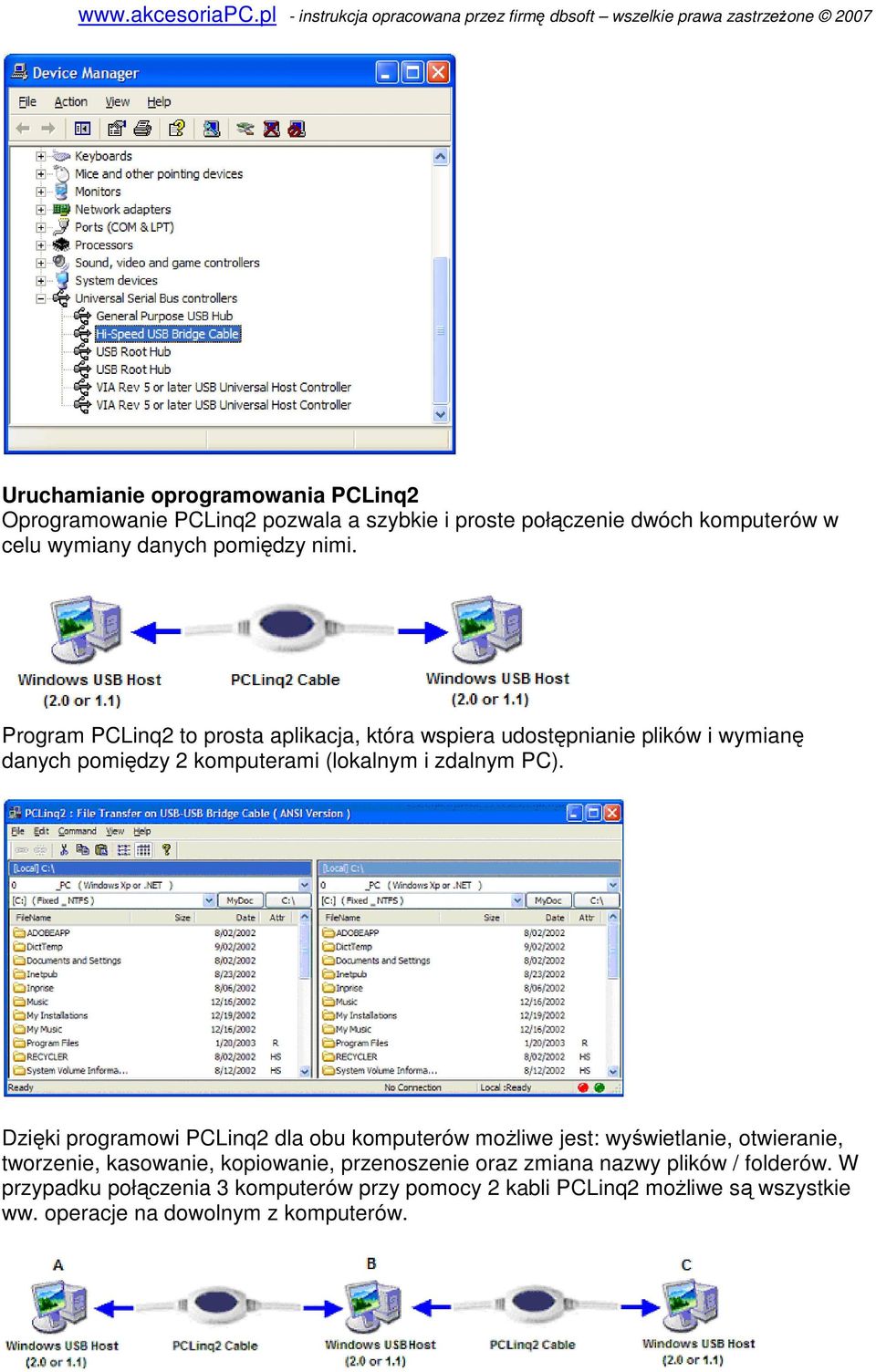 Dzięki programowi PCLinq2 dla obu komputerów moŝliwe jest: wyświetlanie, otwieranie, tworzenie, kasowanie, kopiowanie, przenoszenie oraz zmiana