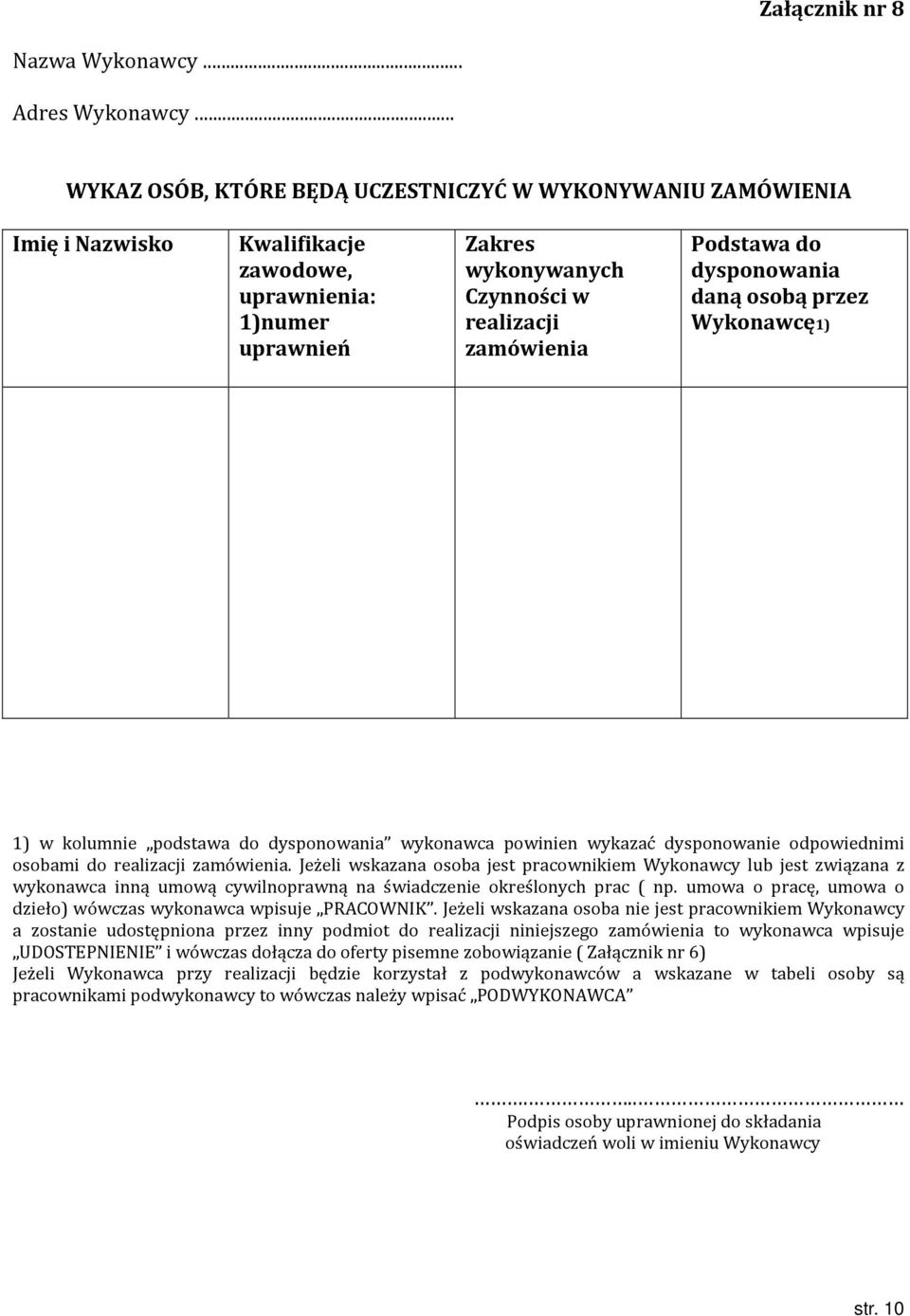 dysponowania daną osobą przez Wykonawcę1) 1) w kolumnie podstawa do dysponowania wykonawca powinien wykazać dysponowanie odpowiednimi osobami do realizacji zamówienia.