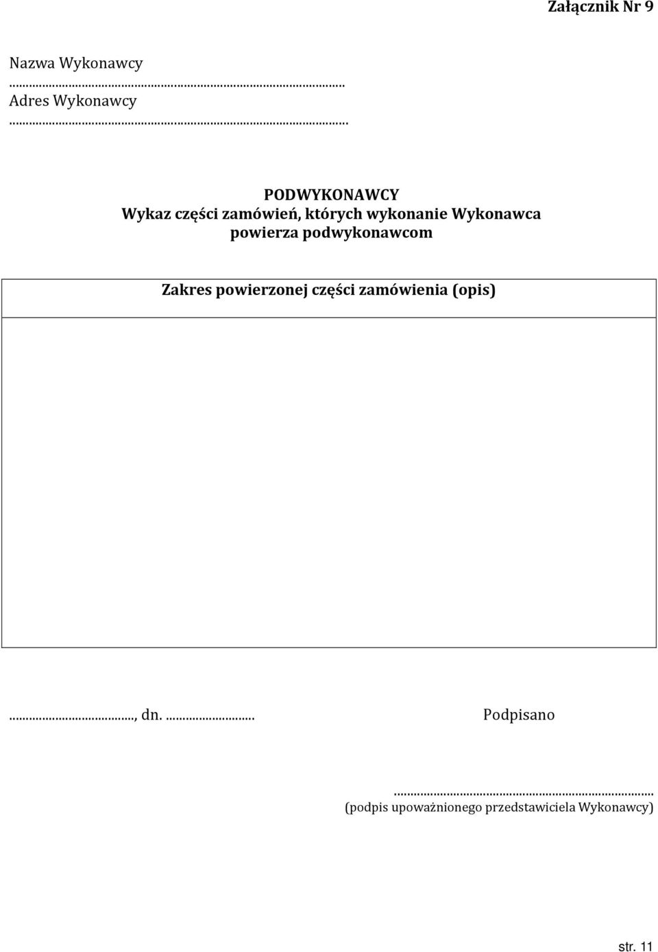 Wykonawca powierza podwykonawcom Zakres powierzonej części