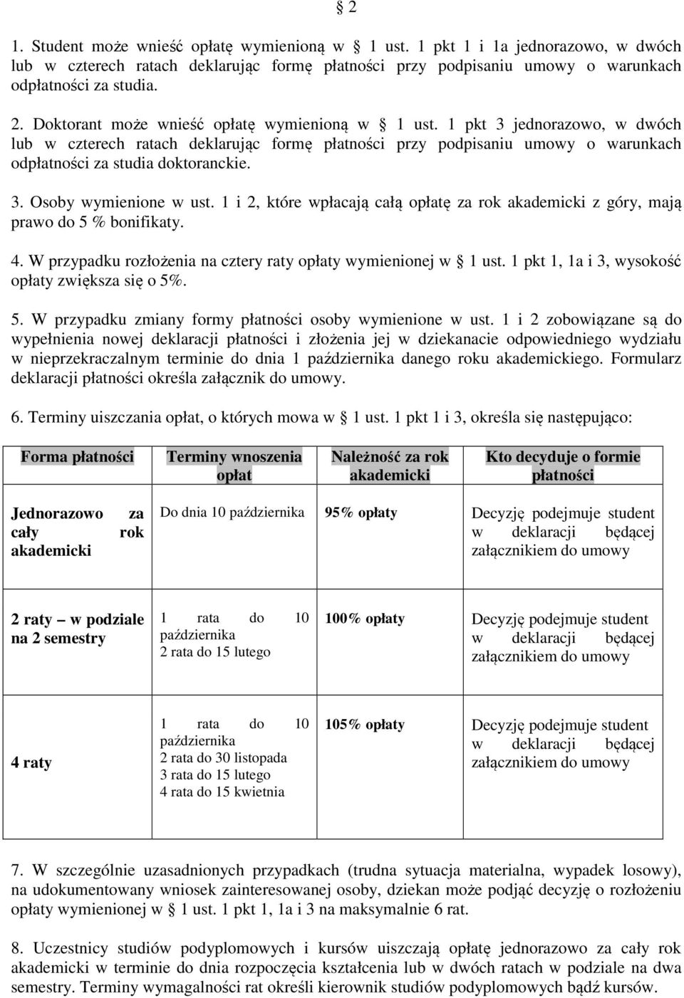 1 i 2, które wpłacają całą opłatę za rok akademicki z góry, mają prawo do 5 % bonifikaty. 4. W przypadku rozłożenia na cztery raty opłaty wymienionej w 1 ust.