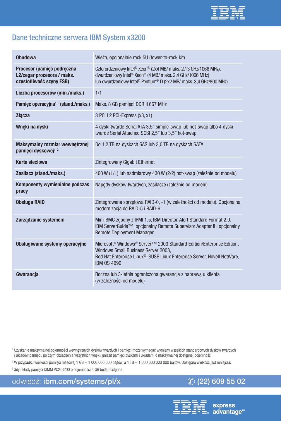 2,4 GHz/1066 MHz) lub dwurdzeniowy Intel Pentium D (2x2 MB/ maks. 3,4 GHz/800 MHz) Liczba procesorów (min./maks.) 1/1 Pami ç operacyjna 1, 3 (stand./maks.) Maks.