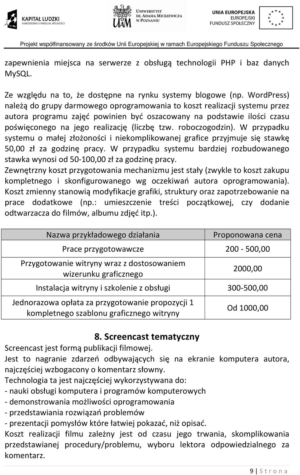 tzw. roboczogodzin). W przypadku systemu o małej złożoności i niekomplikowanej grafice przyjmuje się stawkę 50,00 zł za godzinę pracy.