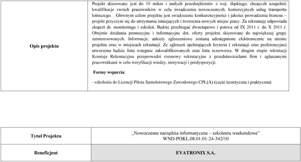. Głównym celem projektu jest zwiększenie konkurencyjności i jakości prowadzenia biznesu projekt przyczyni się do utrzymania istniejących i tworzenia nowych miejsc pracy.