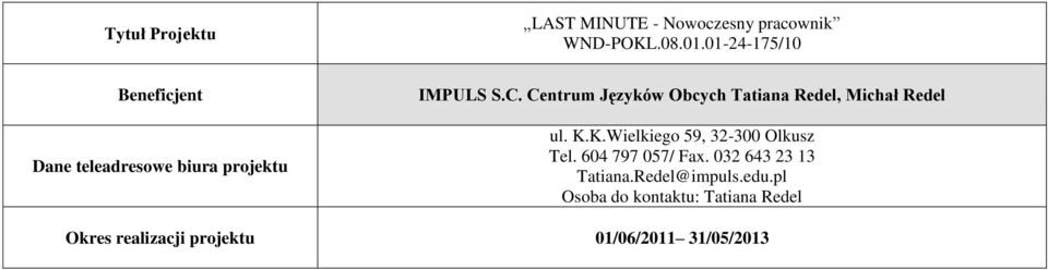 Centrum Języków Obcych Tatiana Redel, Michał Redel ul. K.K.Wielkiego 59, 32-300 Olkusz Tel.