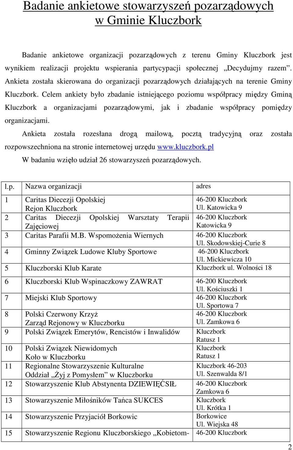 Celem ankiety było zbadanie istniejącego poziomu współpracy między Gminą Kluczbork a organizacjami pozarządowymi, jak i zbadanie współpracy pomiędzy organizacjami.
