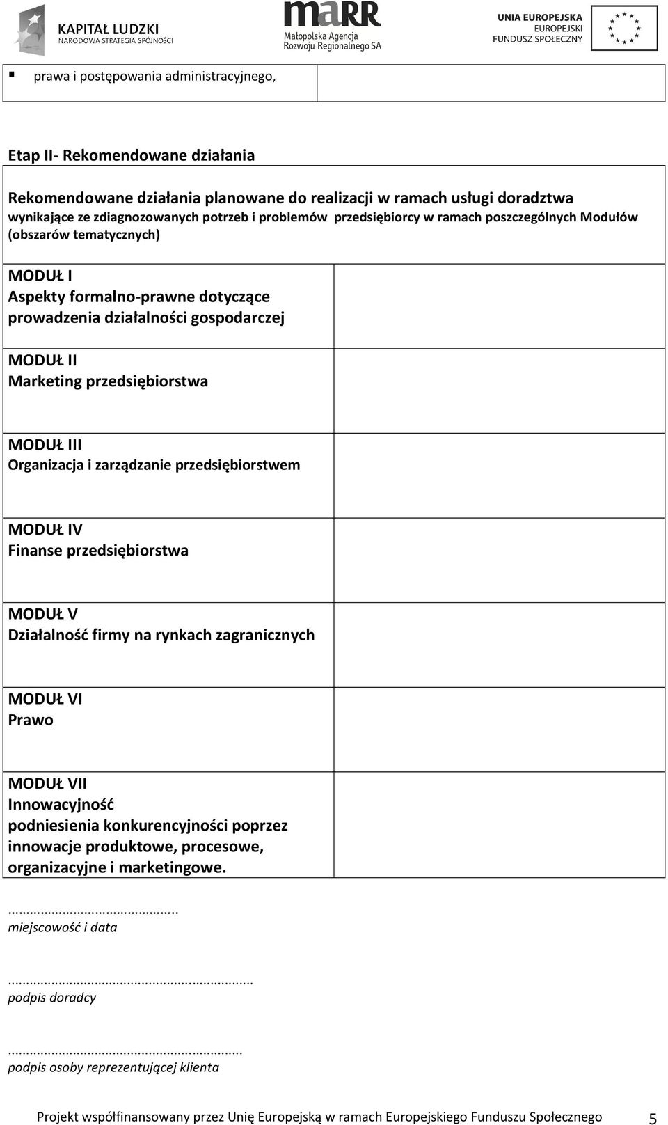 Organizacja i zarządzanie przedsiębiorstwem MODUŁ IV Finanse przedsiębiorstwa MODUŁ V Działalność firmy na rynkach zagranicznych MODUŁ VI Prawo MODUŁ VII Innowacyjność podniesienia konkurencyjności