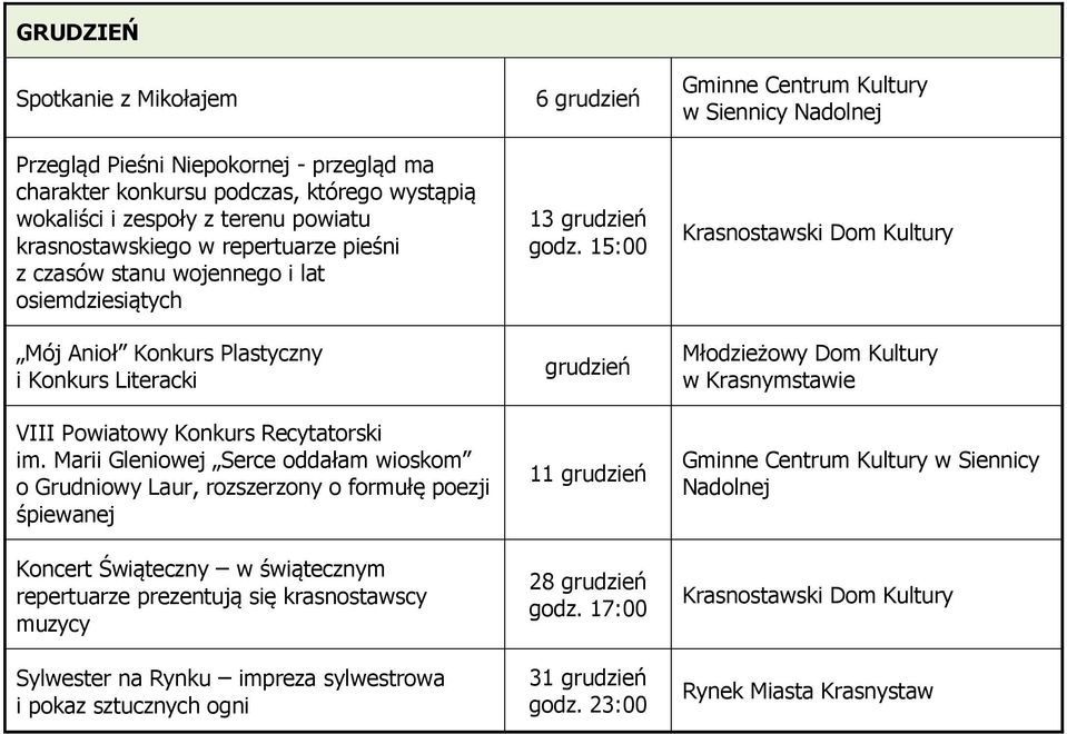 Marii Gleniowej Serce oddałam wioskom o Grudniowy Laur, rozszerzony o formułę poezji śpiewanej Koncert Świąteczny w świątecznym repertuarze prezentują się krasnostawscy muzycy