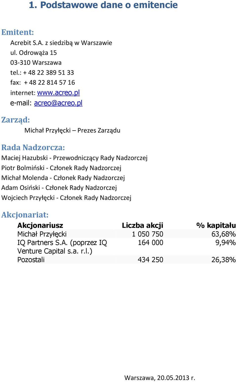 pl Zarząd: Michał Przyłęcki Prezes Zarządu Rada Nadzorcza: Maciej Hazubski - Przewodniczący Rady Nadzorczej Piotr Bolmiński - Członek Rady Nadzorczej Michał