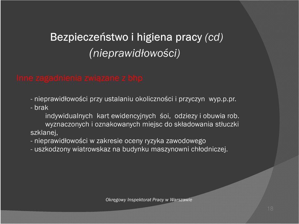 wyznaczonych i oznakowanych miejsc do składowania stłuczki szklanej, - nieprawidłowości w zakresie