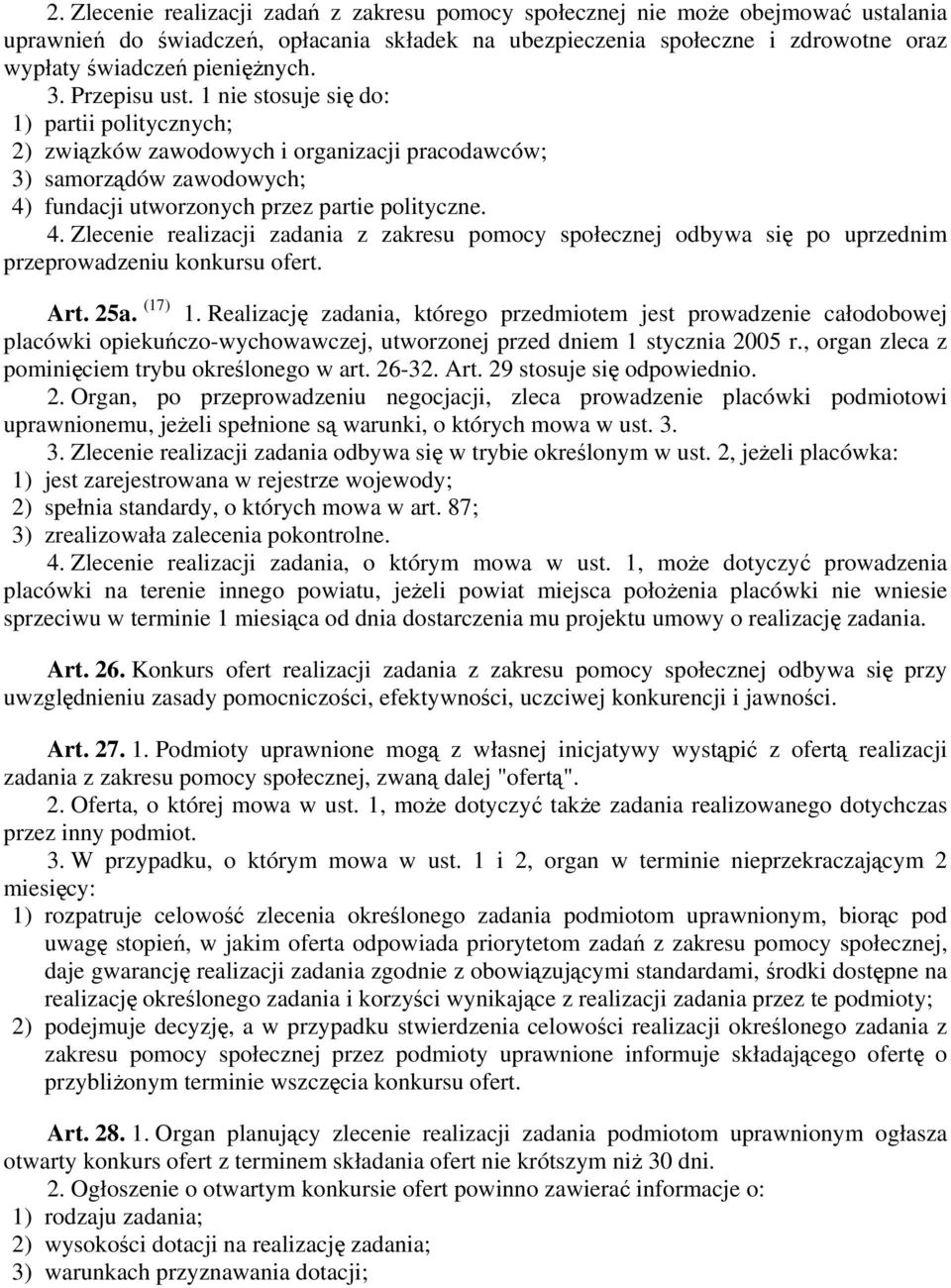 4. Zlecenie realizacji zadania z zakresu pomocy społecznej odbywa się po uprzednim przeprowadzeniu konkursu ofert. Art. 25a. (17) 1.