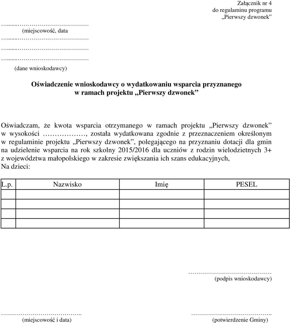 dzwonek Oświadczam, że kwota wsparcia otrzymanego w ramach projektu Pierwszy dzwonek w wysokości, została wydatkowana zgodnie z przeznaczeniem określonym w regulaminie