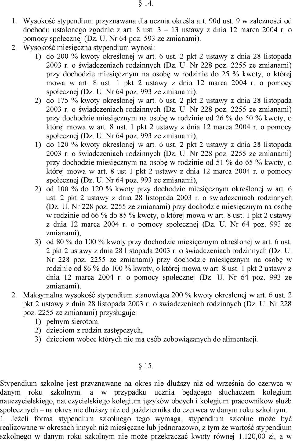Nr 228 poz. 2255 ze zmianami) przy dochodzie miesięcznym na osobę w rodzinie do 25 % kwoty, o której mowa w art. 8 ust. 1 pkt 2 ustawy z dnia 12 marca 2004 r. o pomocy społecznej (Dz. U. Nr 64 poz.