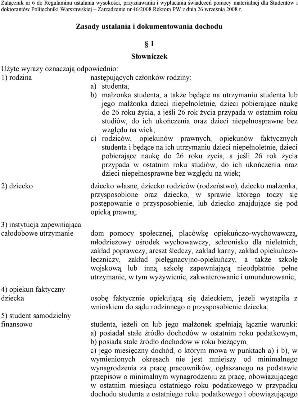 Zasady ustalania i dokumentowania dochodu 1 Słowniczek Użyte wyrazy oznaczają odpowiednio: 1) rodzina następujących członków rodziny: a) studenta; b) małżonka studenta, a także będące na utrzymaniu