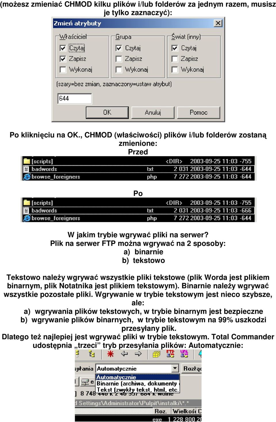 Plik na serwer FTP moŝna wgrywać na 2 sposoby: a) binarnie b) tekstowo Tekstowo naleŝy wgrywać wszystkie pliki tekstowe (plik Worda jest plikiem binarnym, plik Notatnika jest plikiem tekstowym).