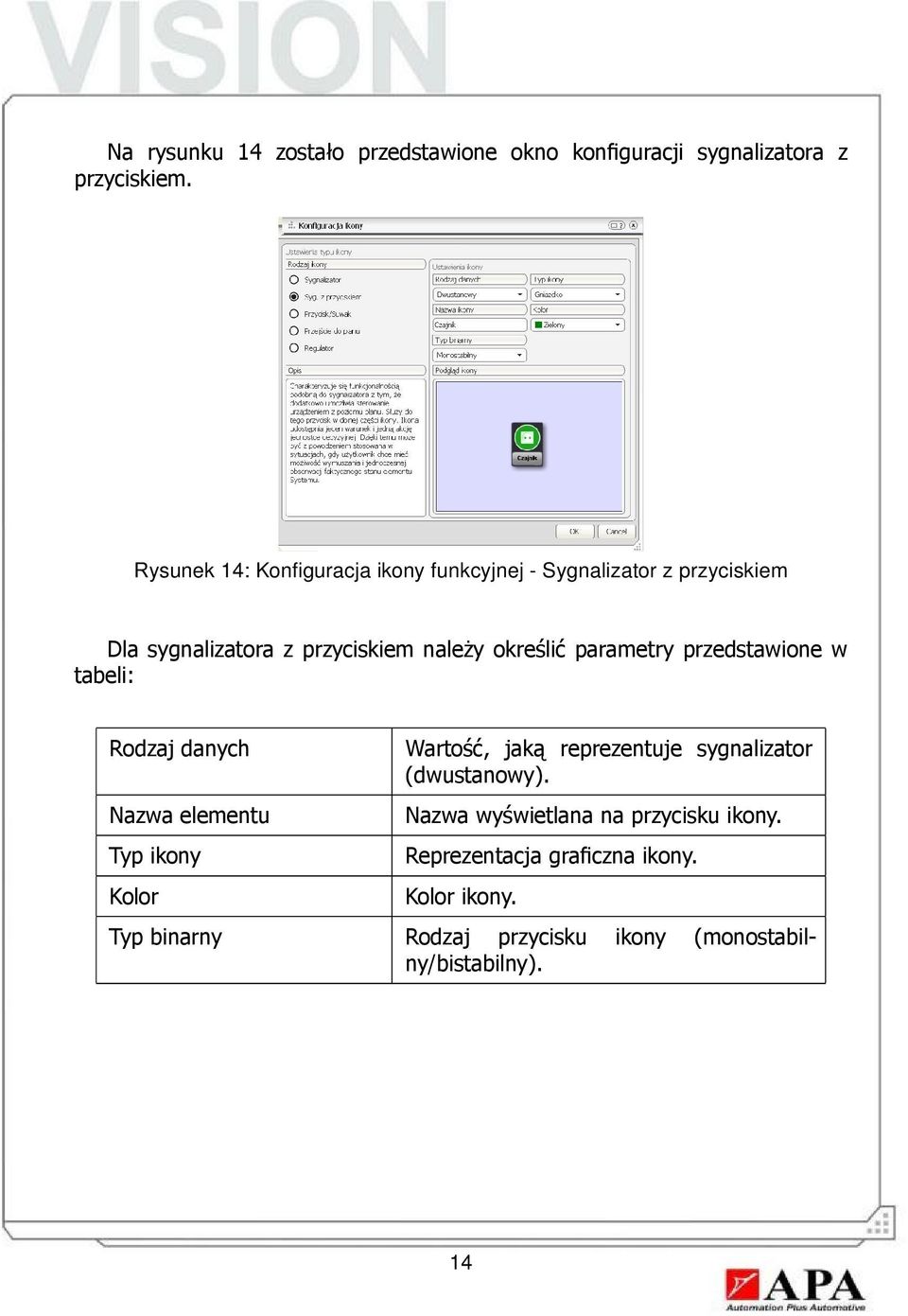 parametry przedstawione w tabeli: Rodzaj danych Nazwa elementu Typ ikony Kolor Wartość, jaką reprezentuje sygnalizator