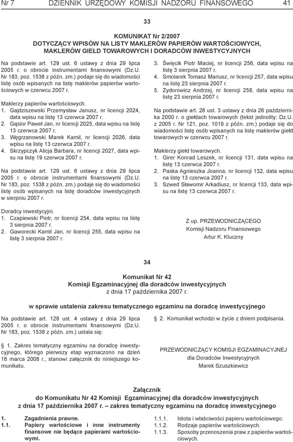 ) podaje się do wiadomości listę osób wpisanych na listę maklerów papierów wartościowych w czerwcu 2007 r. Maklerzy papierów wartościowych. 1.