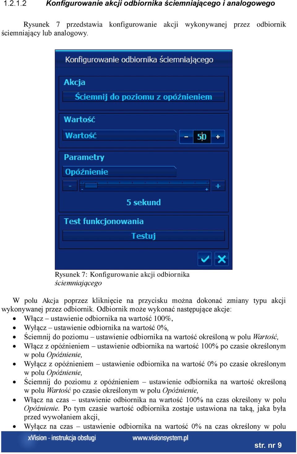 Odbiornik może wykonać następujące akcje: Włącz ustawienie odbiornika na wartość 100%, Wyłącz ustawienie odbiornika na wartość 0%, Ściemnij do poziomu ustawienie odbiornika na wartość określoną w