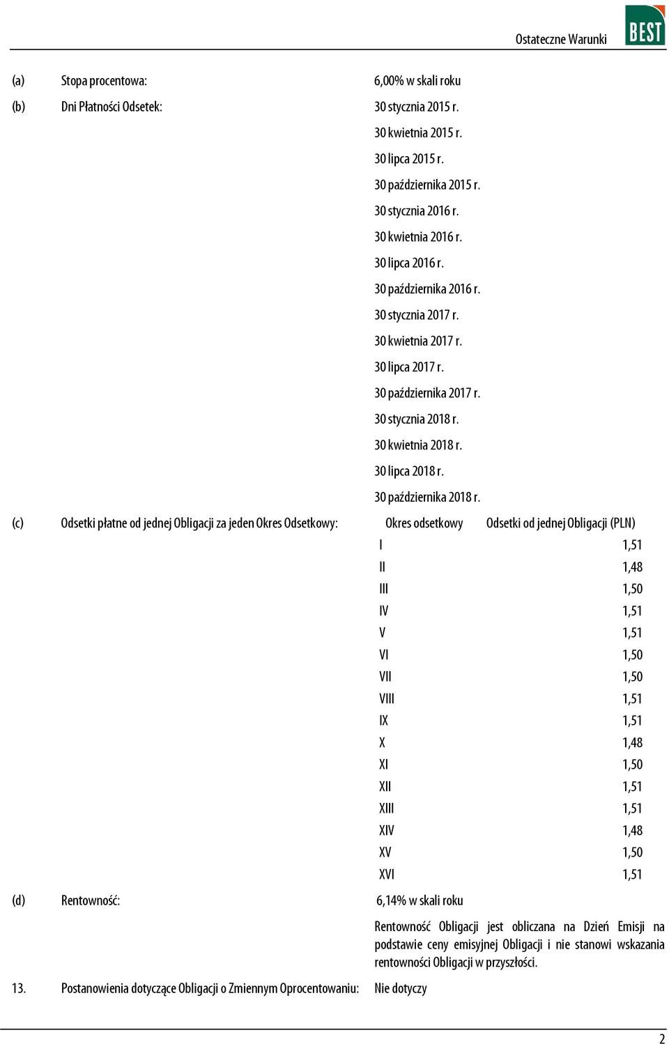 30 października 2018 r. (c) Odsetki płatne od jednej Obligacji za jeden Okres Odsetkowy: Okres odsetkowy Odsetki od jednej Obligacji (PLN) (d) Rentowność: 6,14% w skali roku 13.