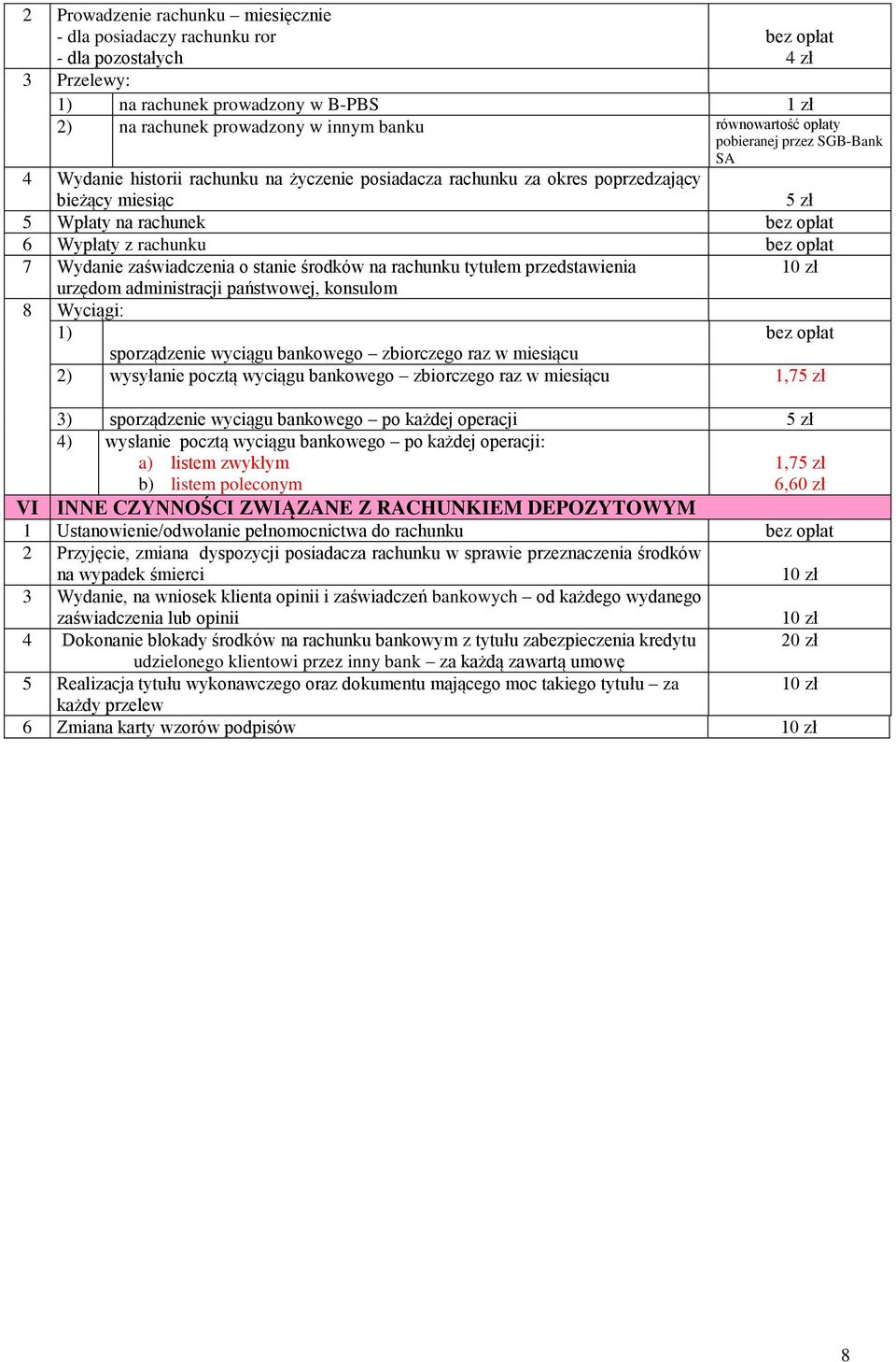 rachunku bez opłat 7 Wydanie zaświadczenia o stanie środków na rachunku tytułem przedstawienia 10 zł urzędom administracji państwowej, konsulom 8 Wyciągi: 1) bez opłat sporządzenie wyciągu bankowego