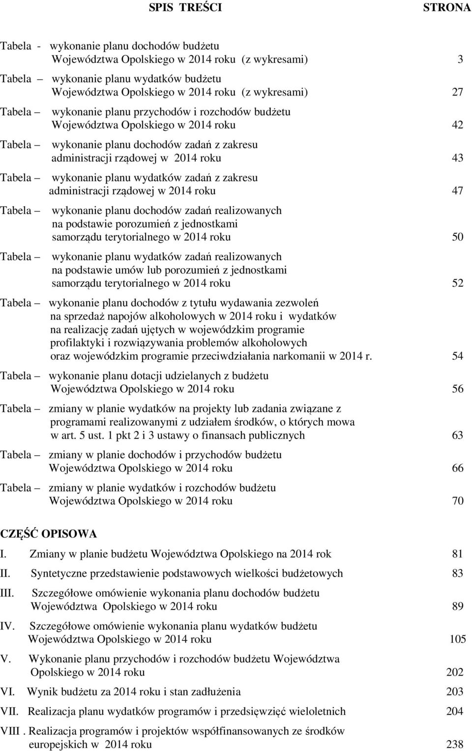 2014 roku 43 wykonanie planu wydatków zadań z zakresu administracji rządowej w 2014 roku 47 wykonanie planu dochodów zadań realizowanych na podstawie porozumień z jednostkami samorządu terytorialnego