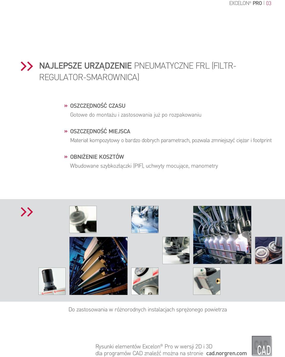 ciężar i footprint OBNIŻENIE KOSZTÓW Wbudowane szybkozłączki (PIF), uchwyty mocujące, manometry Do zastosowania w różnorodnych